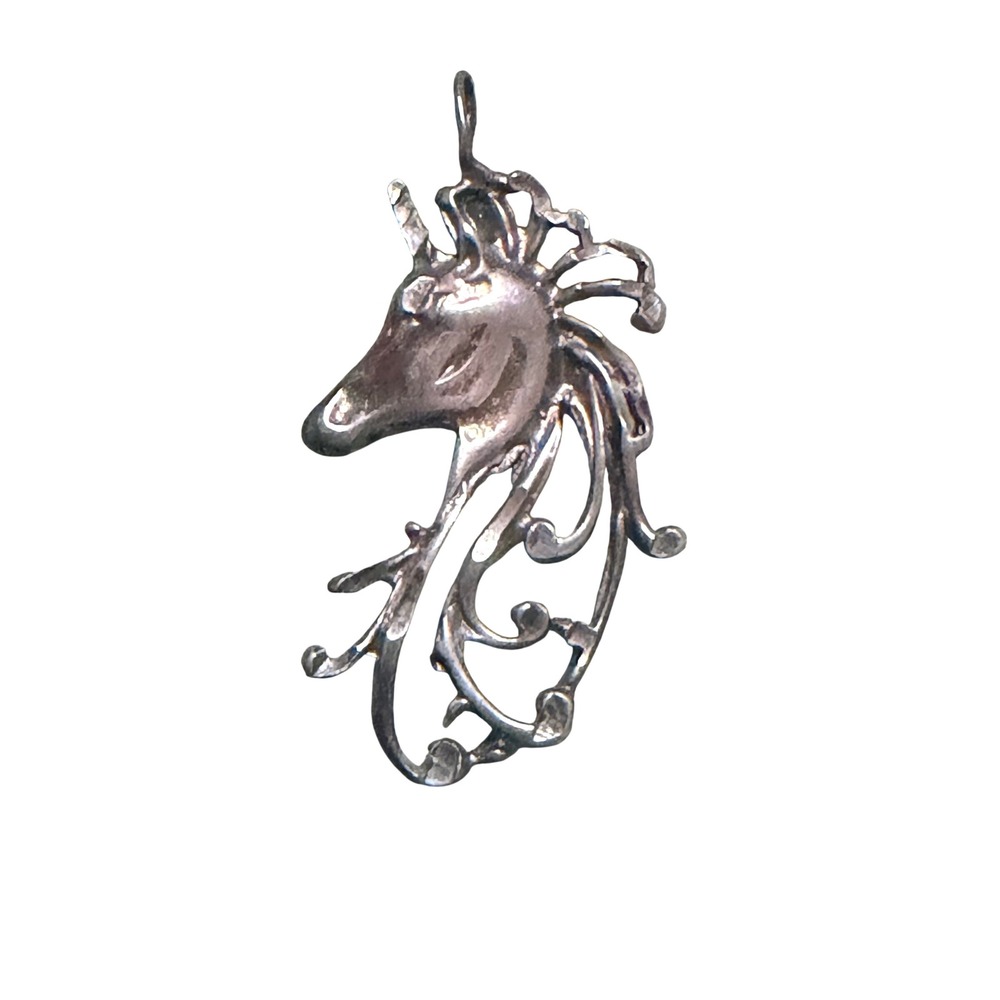 Vintage Sterling Silver 925 Unicorn Pendant Openwork Scroll Mane Mythical Charm